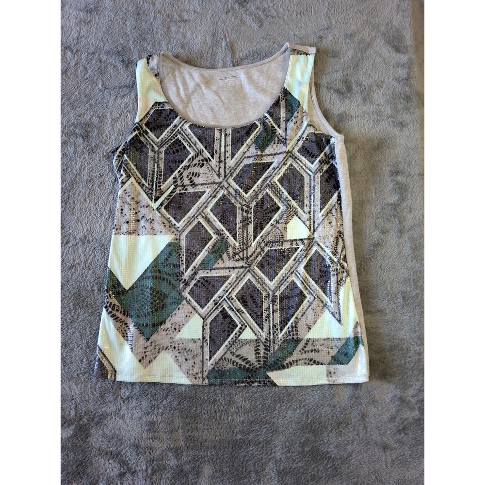 COLDWATER CREEK Women's Geometric Print Sequin Tank Top Medium 10-12 Grey Green